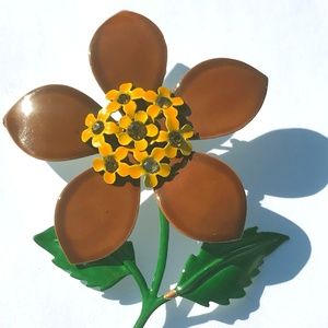 Brown Flower Costume Brooch W/ Green Stem